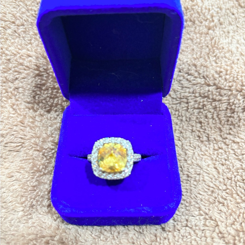 Lab Yellow Cushion Halo Ring with Pavé cz’s silver tone ring